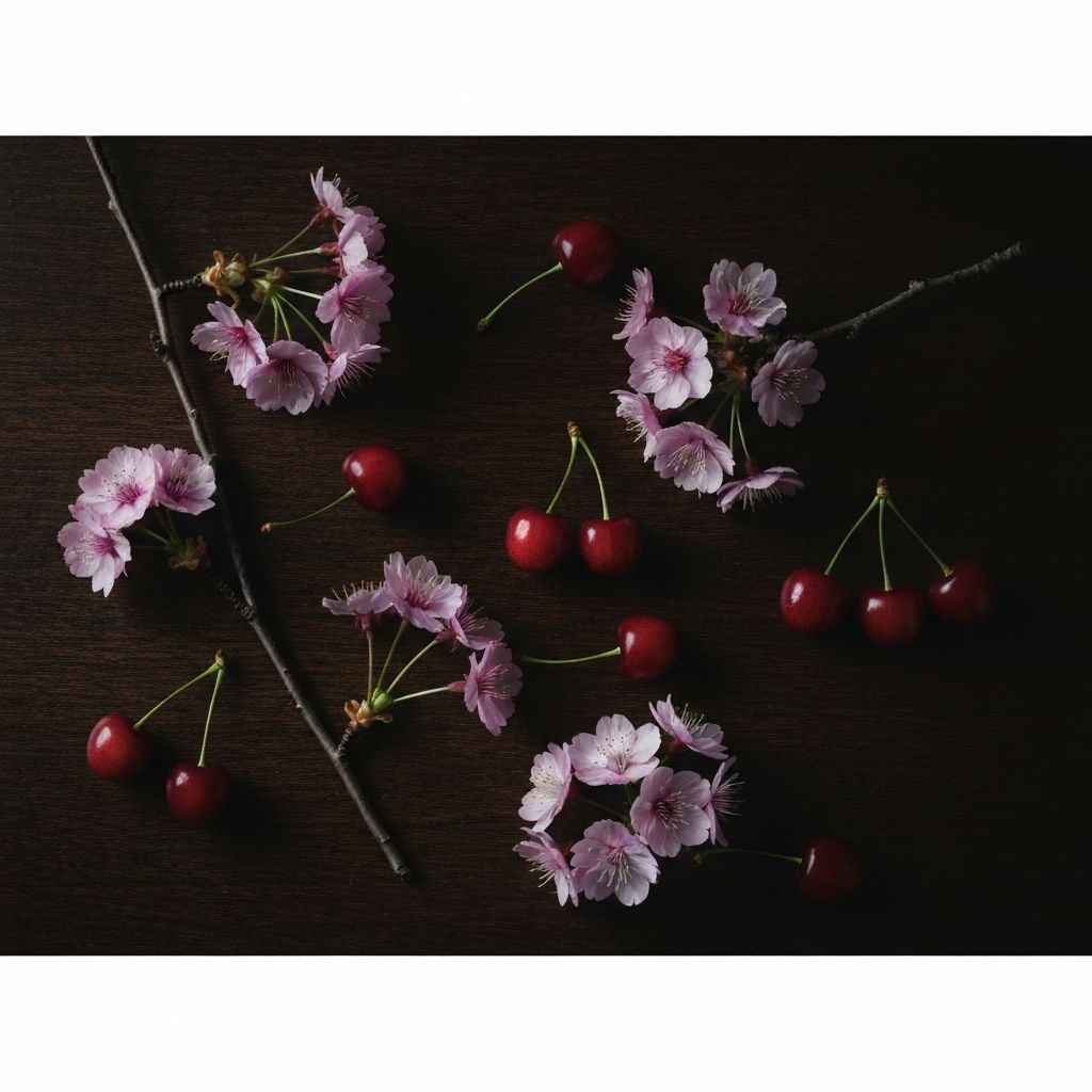 Cherry blossoms and sour cherries on a dark alpine background