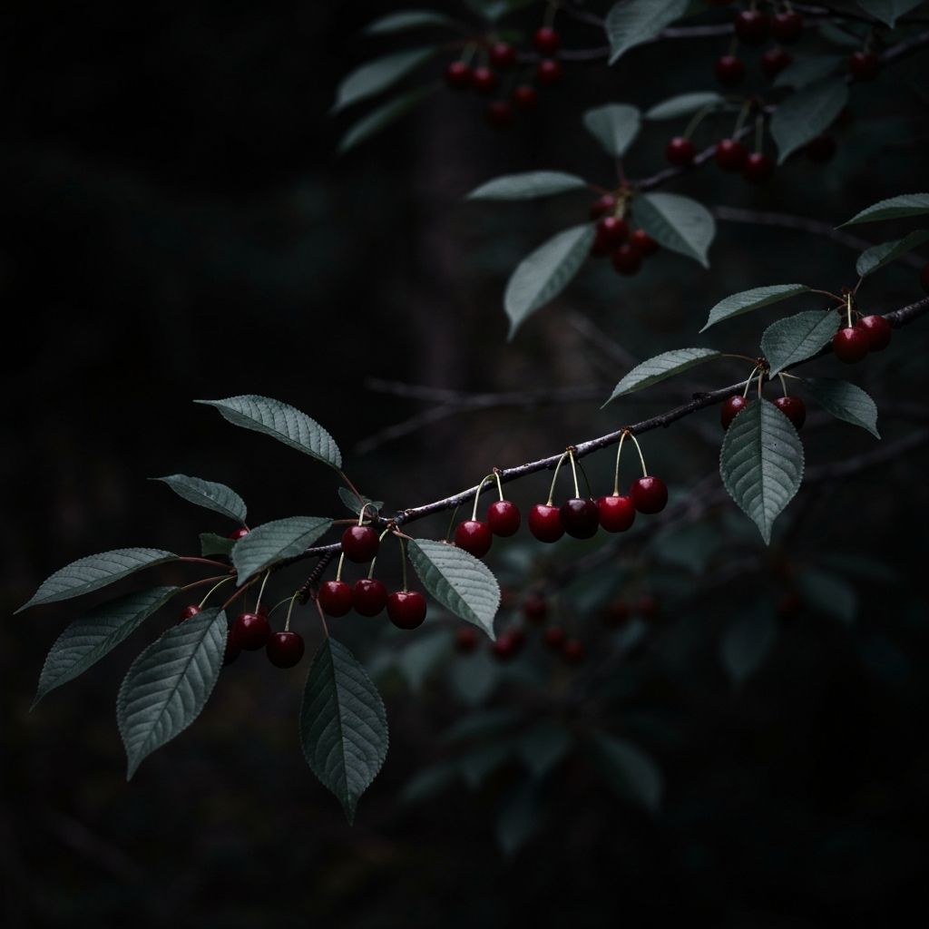 Wild sour cherries on a branch in an alpine setting