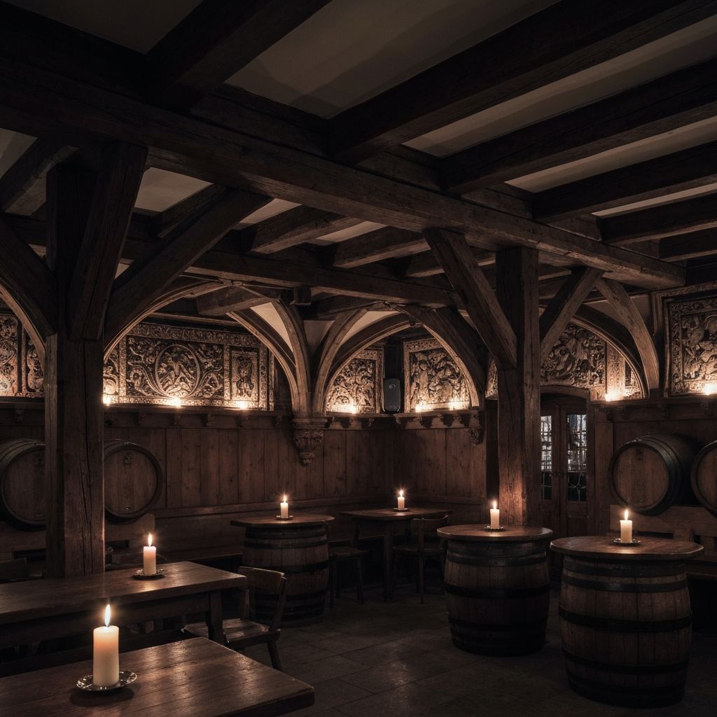 Traditional Swiss pub interior with wooden beams and warm lighting